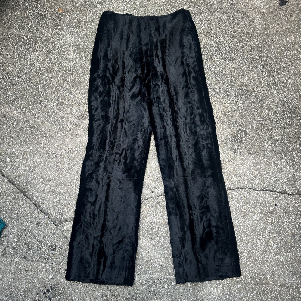 VTG Black Crushed Faux Fur Wide Leg Pants Sz 12 High Waisted Plush Trousers